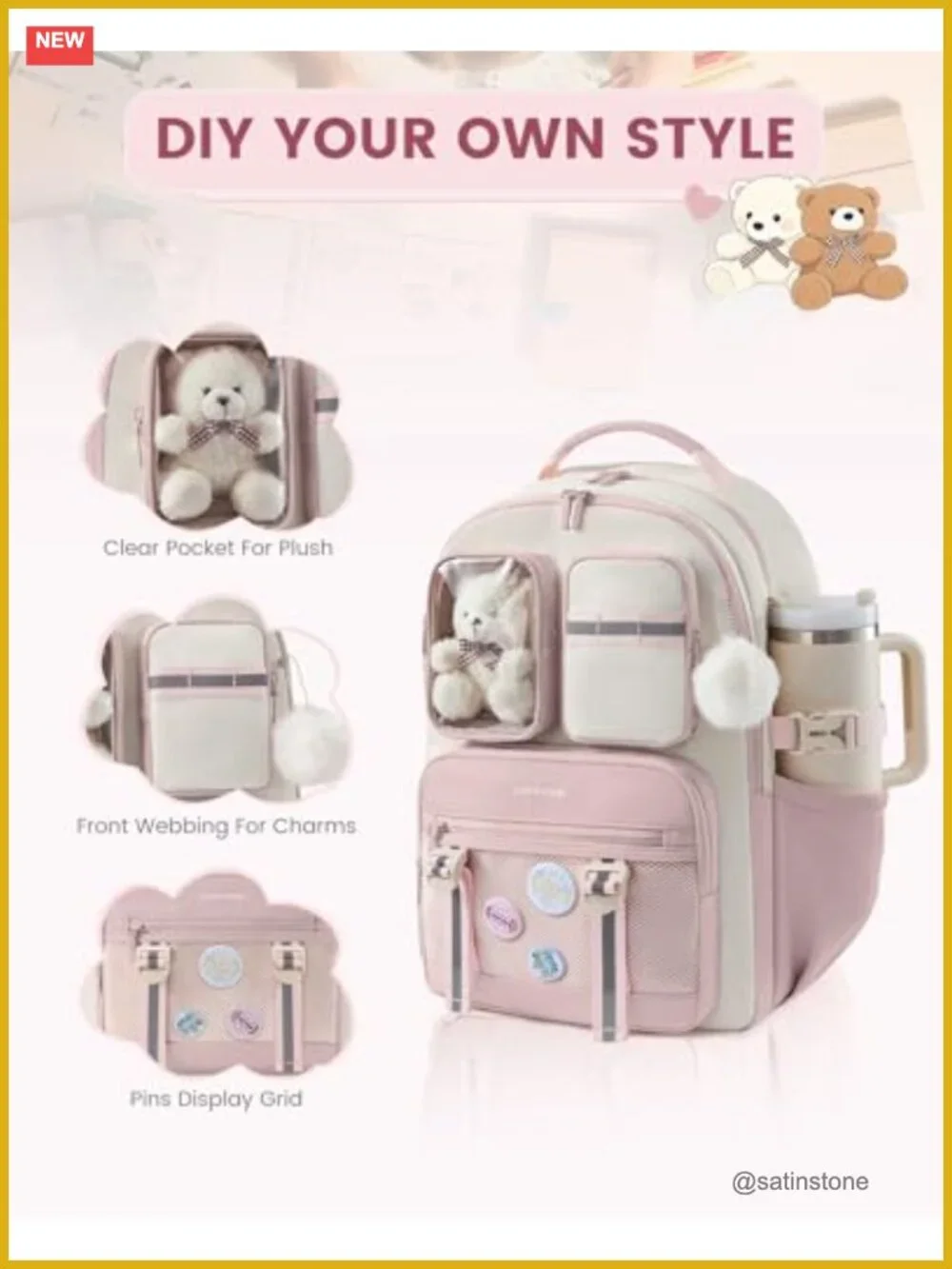 Girls School Backpack with Plush Bear, Laptop Compatible, 3 Compartments, 17